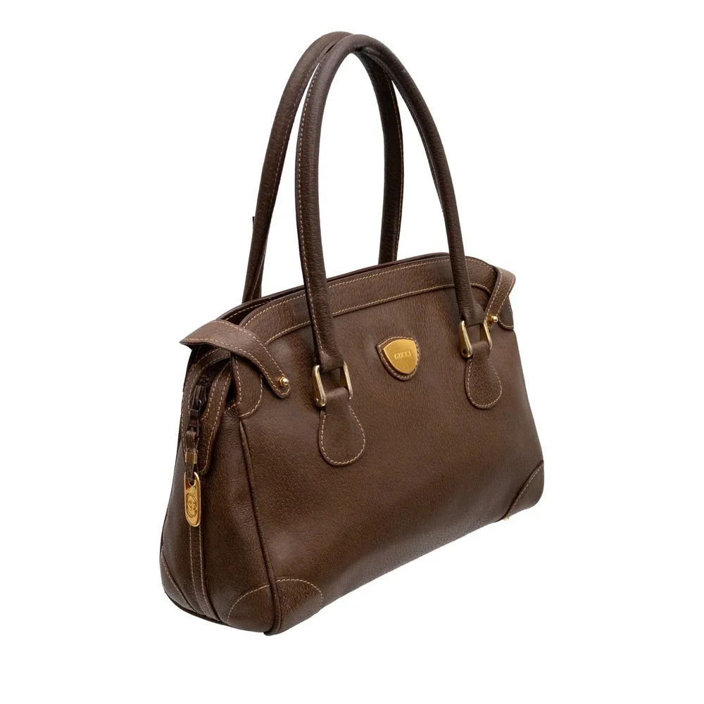 Vintage Gucci Brown Leather Boston Satchel Handbag Gold Logo Italy Doctor Bag